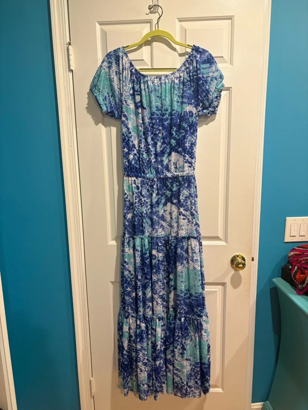 Boston Proper mesh maxi tiered dress blue sz S M cottagecore